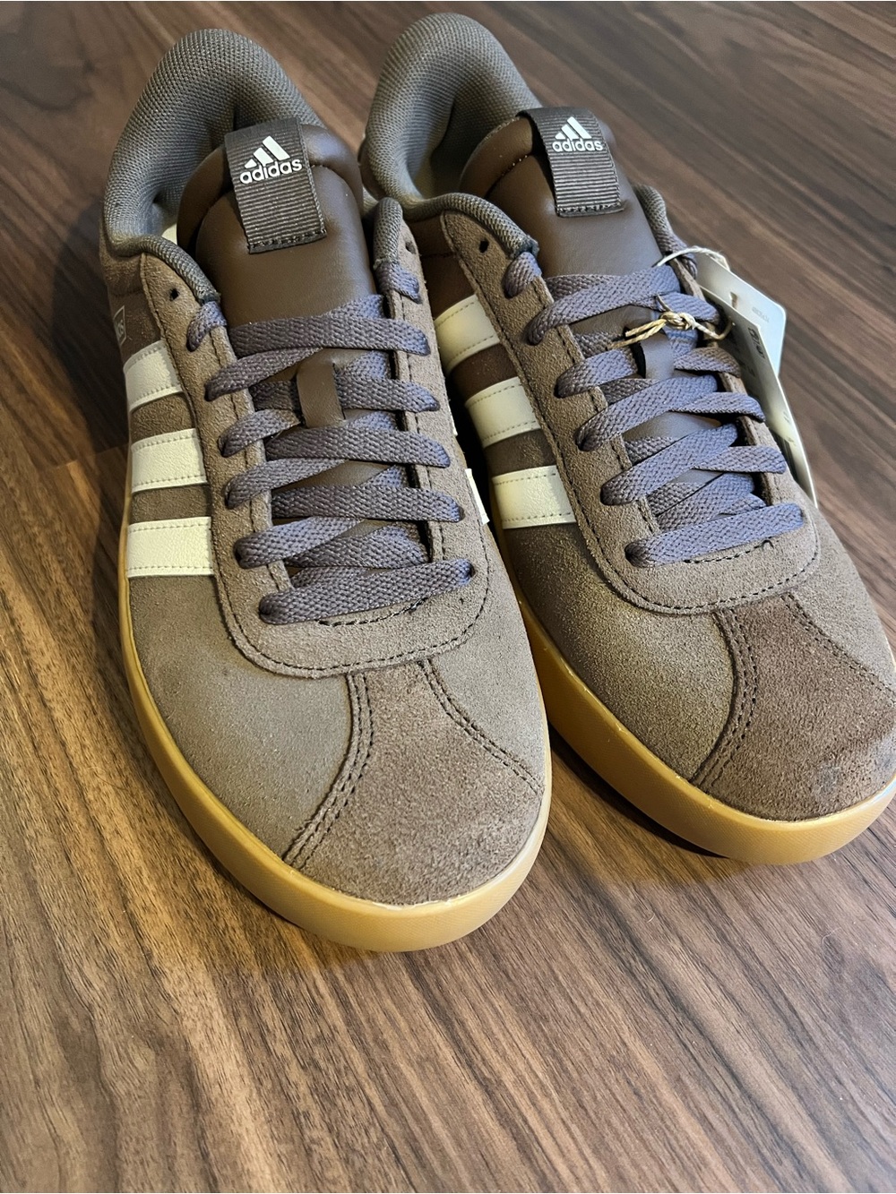 adidas women’s Brown Suede Sneakers with White Stripes and Gum Sole